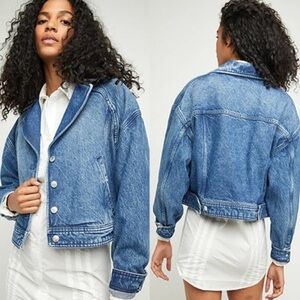 Free People Crop Denim Trucker Jacket Western Preppy Boho Dark Wash Womens L
